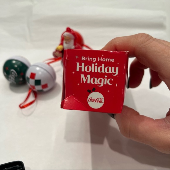 COCA-COLA Cineplex Santa Claus Ornaments Holding Popcorn + 3 Tin Holiday Baubles - Picture 9 of 13